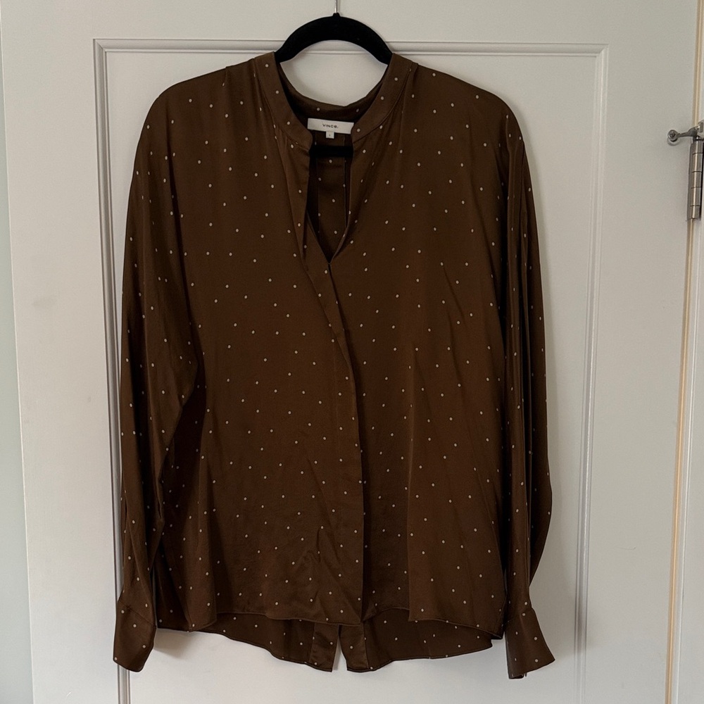 Vince Silk Blouse Chocolate Brown with Ivory Dots